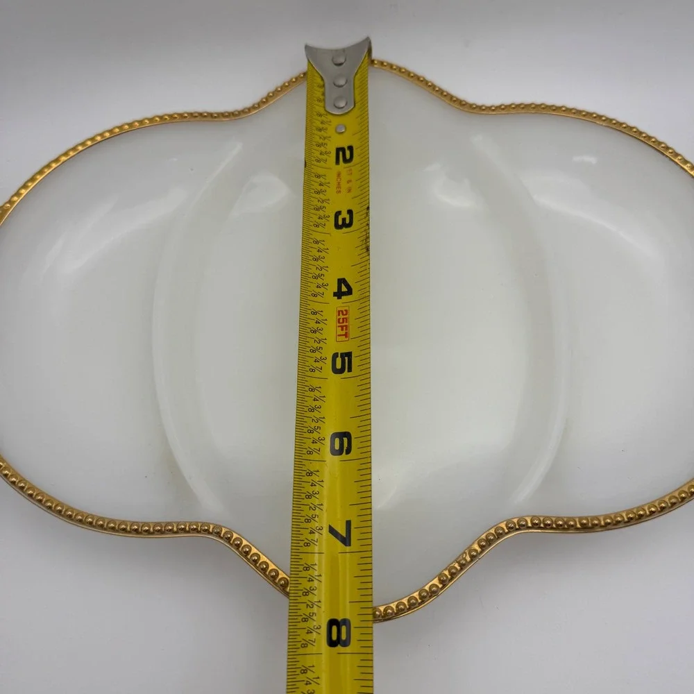 Fire King Milk Glass Divided Relish Tray‎ Gold Beaded Rim Scalloped Vintage 11